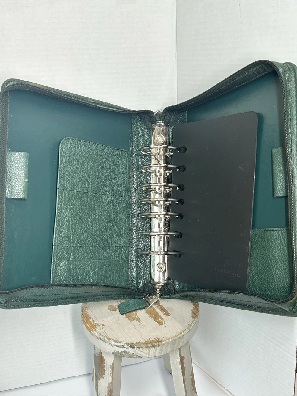 Vintage Franklin Covey Forest Green Leather Zip Around 7 Ring Personal Organizer